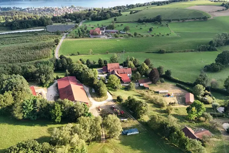 Luftaufnahme des Hofs mit Blick zum Untersee